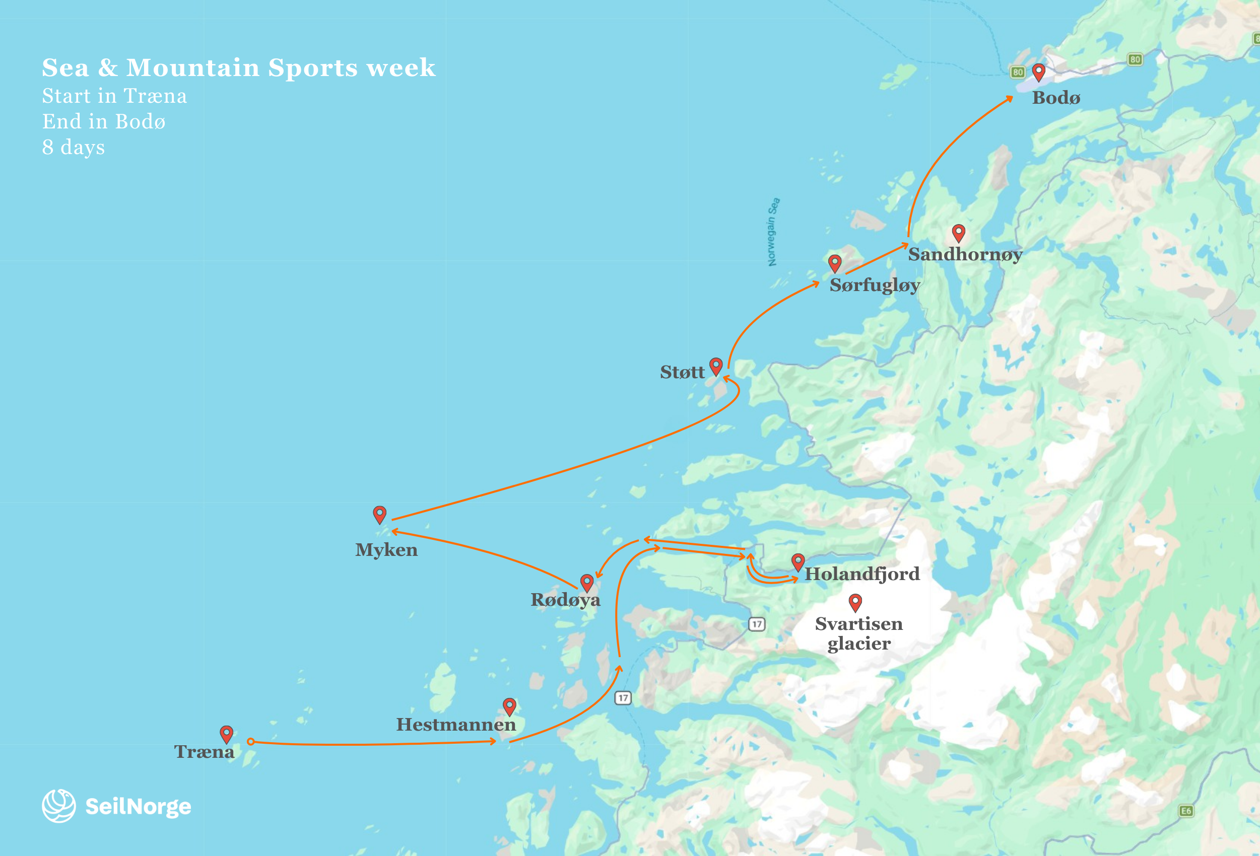 Map Sailing trip Sea and Mountain sports week